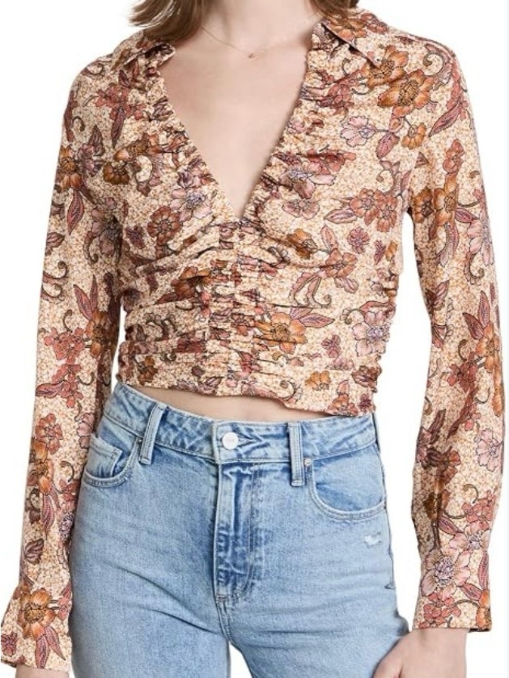 Free People “I Got You” Floral Ruched V-Neck Top Size S